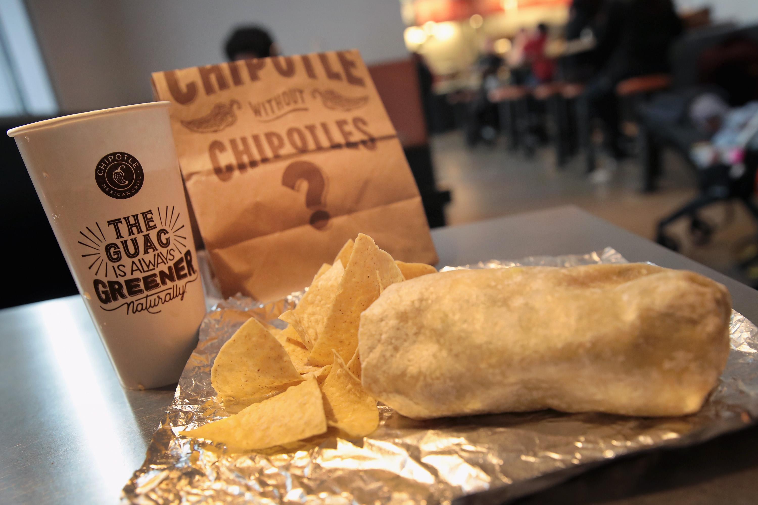 chipotle burrito and chips with drink