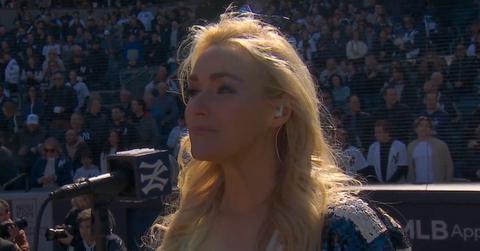 Betsy Wolfe performed the National Anthem before the Yankees-Brewers game on March 27, 2025.