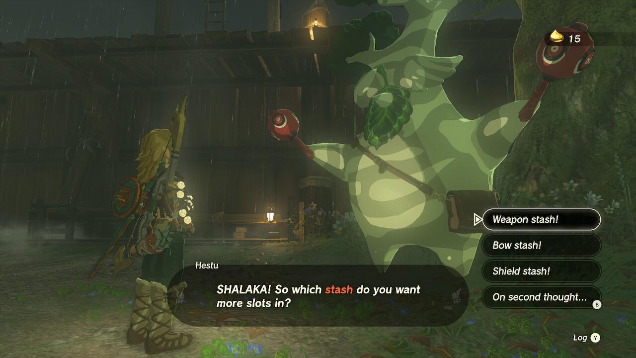 'Tears of the Kingdom' Link speaking with Hestu to upgrade his inventory space.