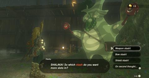 'Tears of the Kingdom' Link speaking with Hestu to upgrade his inventory space.
