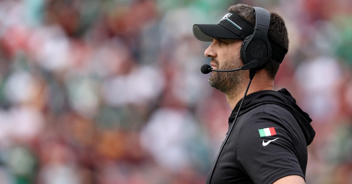 Philadelphia Eagles head coach Nick Sirianni sports an Italian flag decal on his shirt.