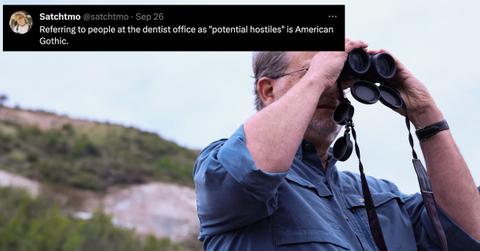Man holding binoculars and a comment about being "hyper-aware"
