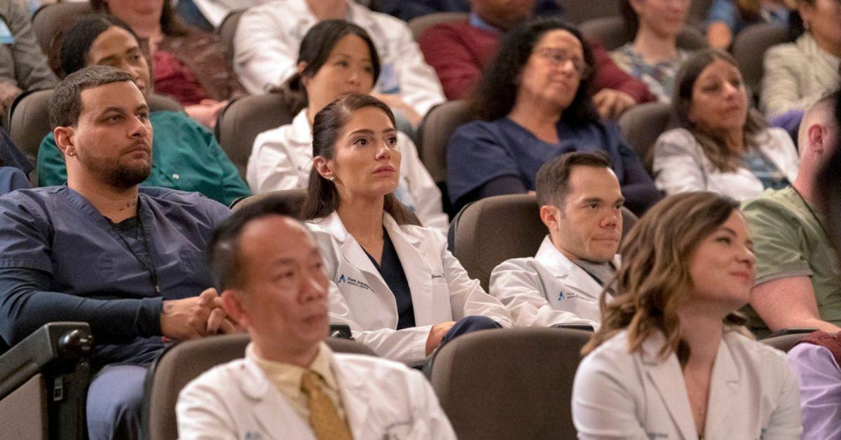 (l-r): Alejandro Hernandez as Casey Acosta, Janet Montgomery as Dr. Lauren Bloom, Matthew Jeffers as Resident Mark Walsh in 'New Amsterdam' series finale.