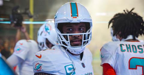 Tua Tuagovailoa wearing eye black prior to an NFL football game against the Buffalo Bills on Jan. 7, 2024