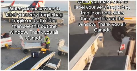 An Air Canada employee throws a fragile bag