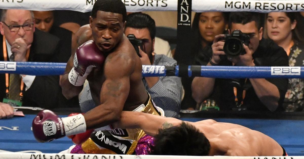 Manny Pacquiao and Adrien Broner box each other in 2019 in Las Vegas.