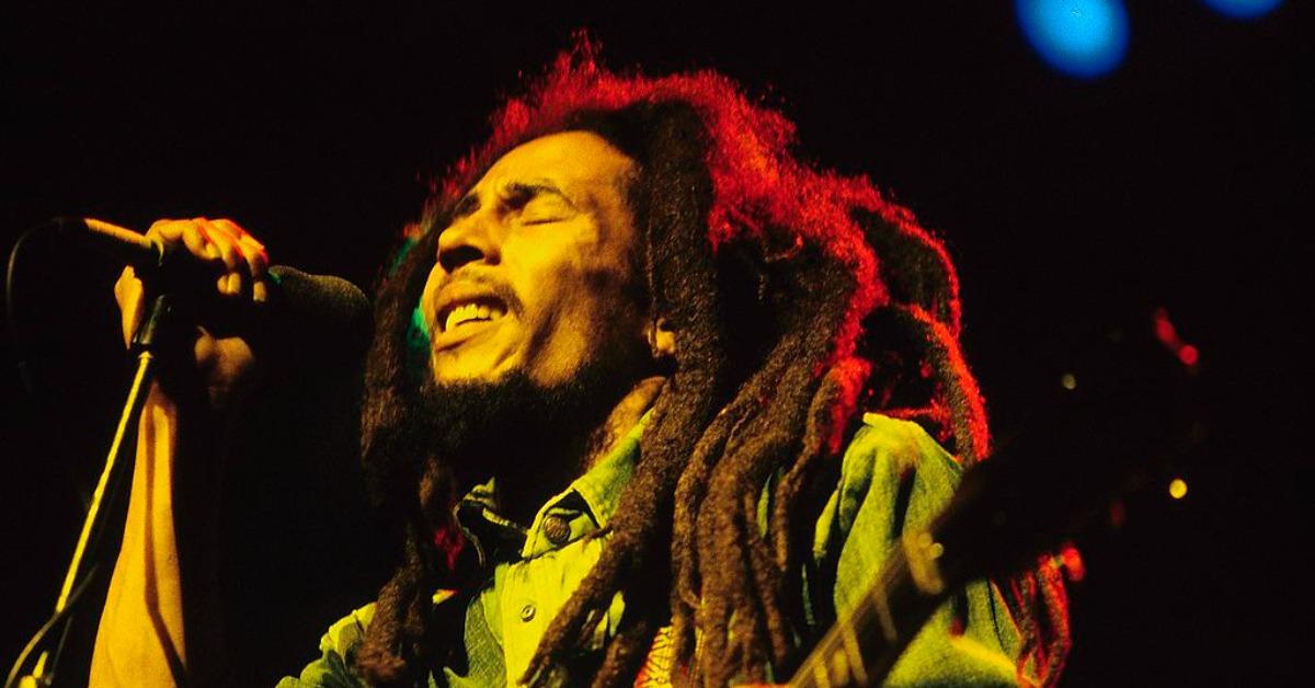 Bob Marley performing live on stage at the Brighton Leisure Centre.