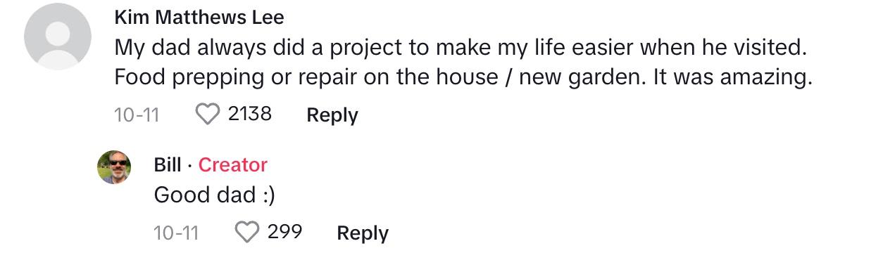 A commenter saying that her dad always did a project when he came to visit her