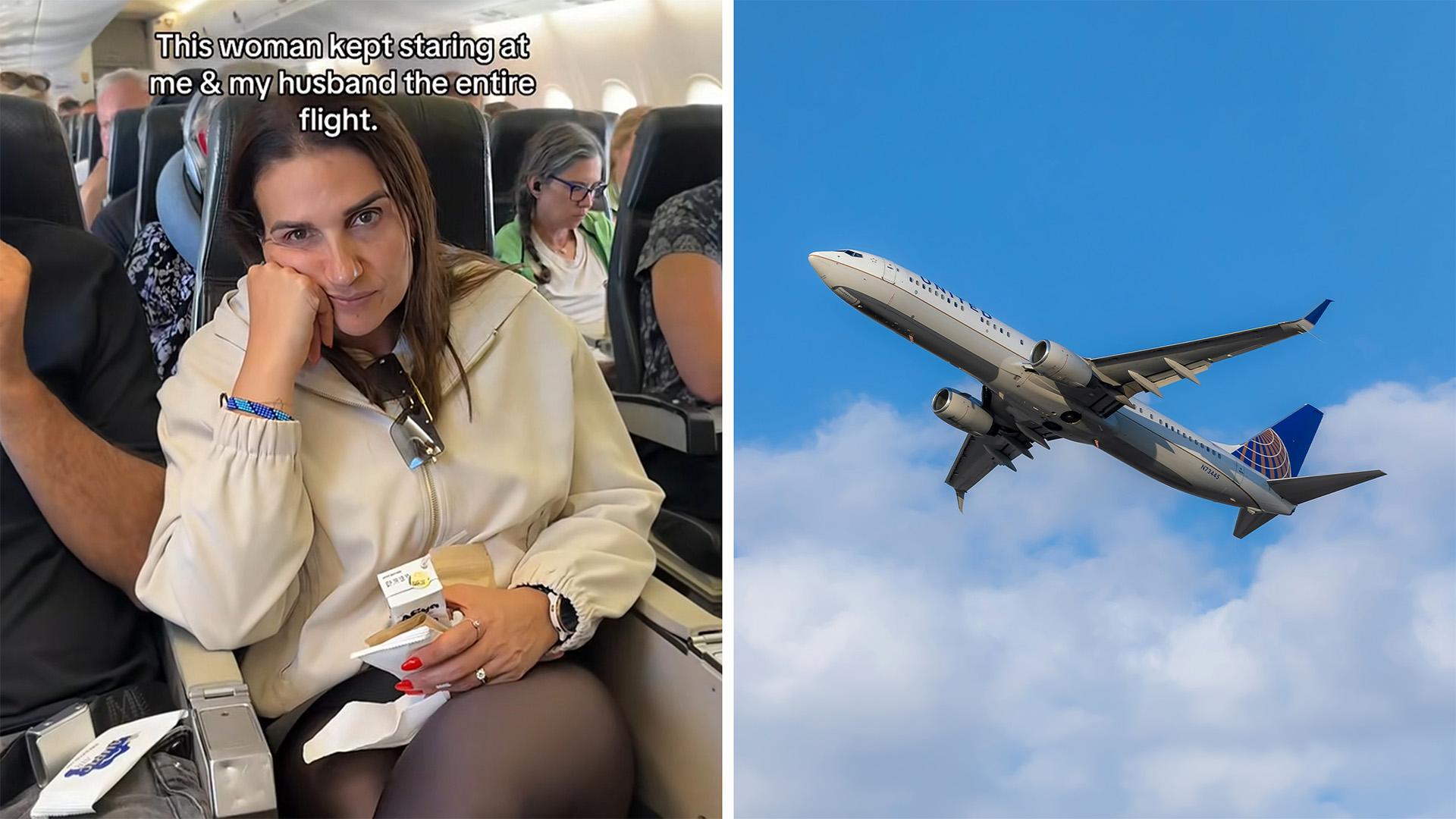 woman stares at other passengers during flight