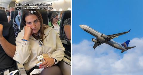 woman stares at other passengers during flight