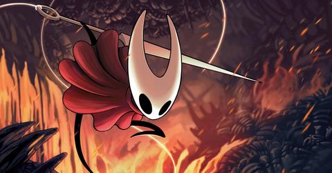 'Hollow Knight: Silksong' Protagonist surrounded by fire and embers in poster art.