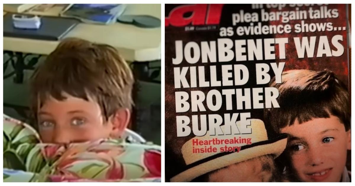 (L-R): Burke Ramsey hiding behind his parents' couch; Tabloid magazine with a headline accusing Burke Ramsey of killing his sister