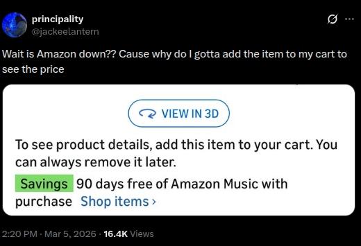 An X post about Amazon being down.