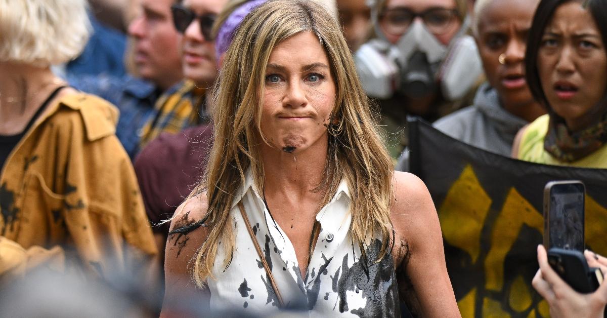 NEW YORK, NEW YORK - JULY 28: Jennifer Aniston is seen filming on location for 'The Morning Show' in the Flatiron District on July 28, 2024 in New York City. (Photo by James Devaney/GC Images)