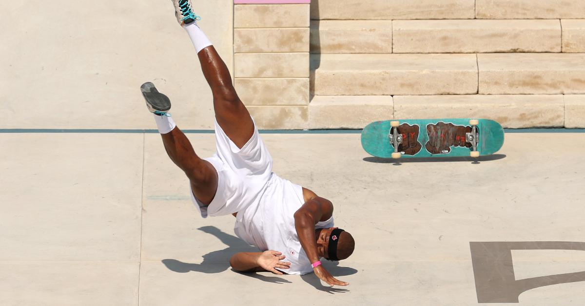 Cordano Russell of Team Canada crashes during the Men's Street Prelims at the 2024 Paris Summer Olympic Games on July 29, 2024.