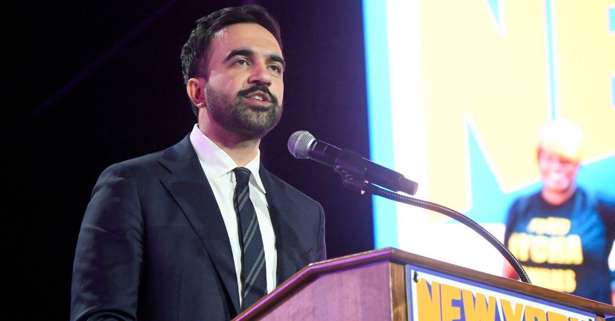 Zohran Mamdani speaking at a political rally.