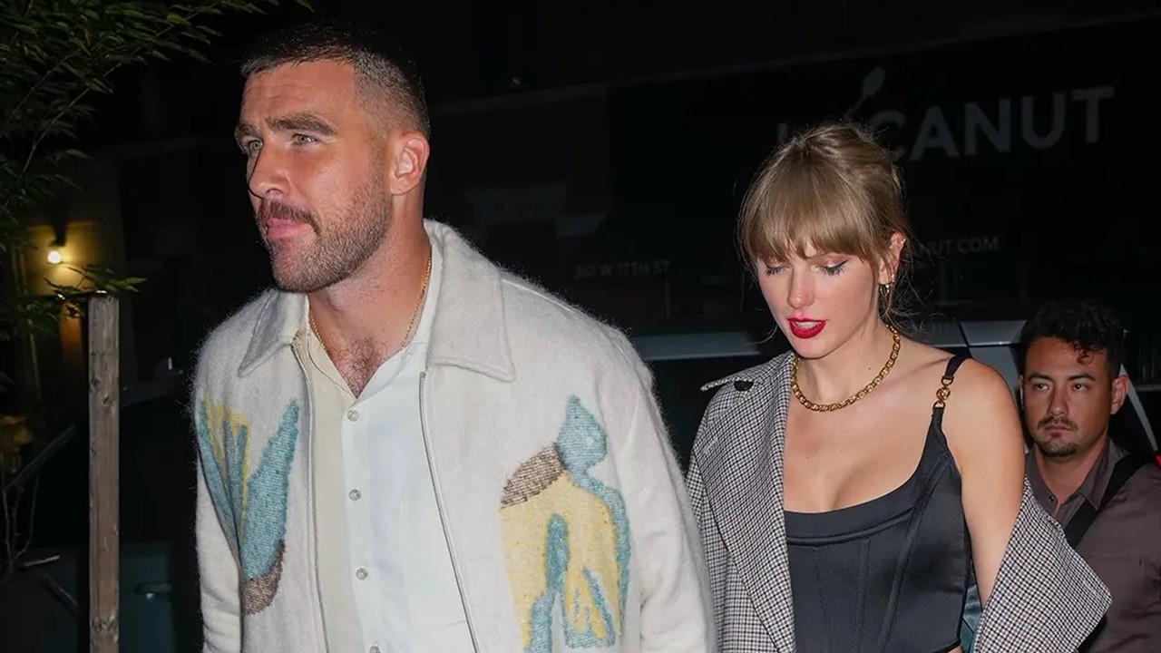 Travis Kelce and Taylor Swift are seen leaving the SNL after party on Oct. 15, 2023