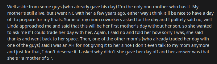 coworker lost son mothers day off