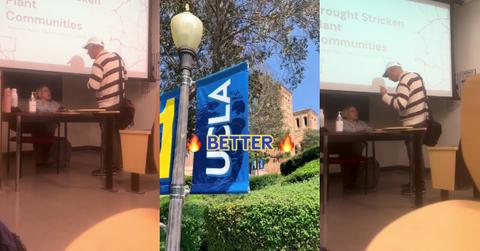 A still of viral video of UCLA professional in wrong class demanding it be handed over.