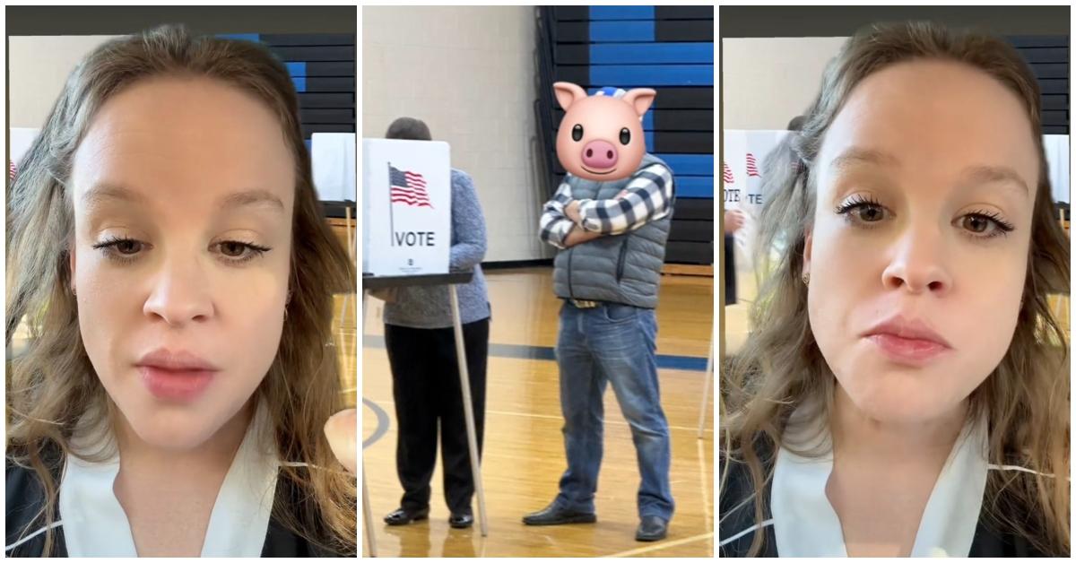 (l-r): A woman discussing watching a husband watch his wife vote.