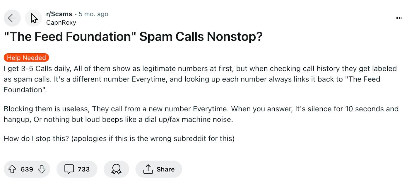 FEED Foundation Reddit complaint about spam calls