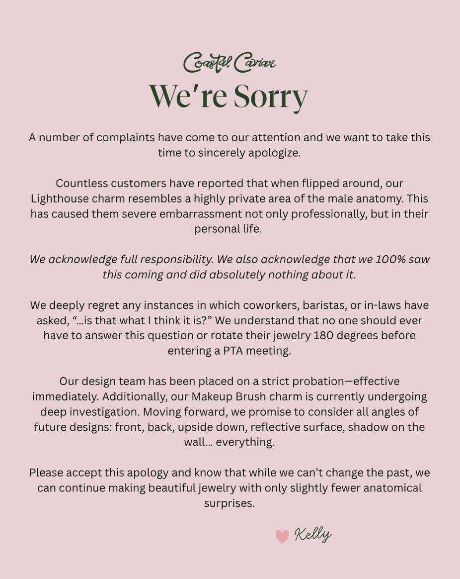 Coastal Caviar's response to the lighthouse necklace charm controversy.