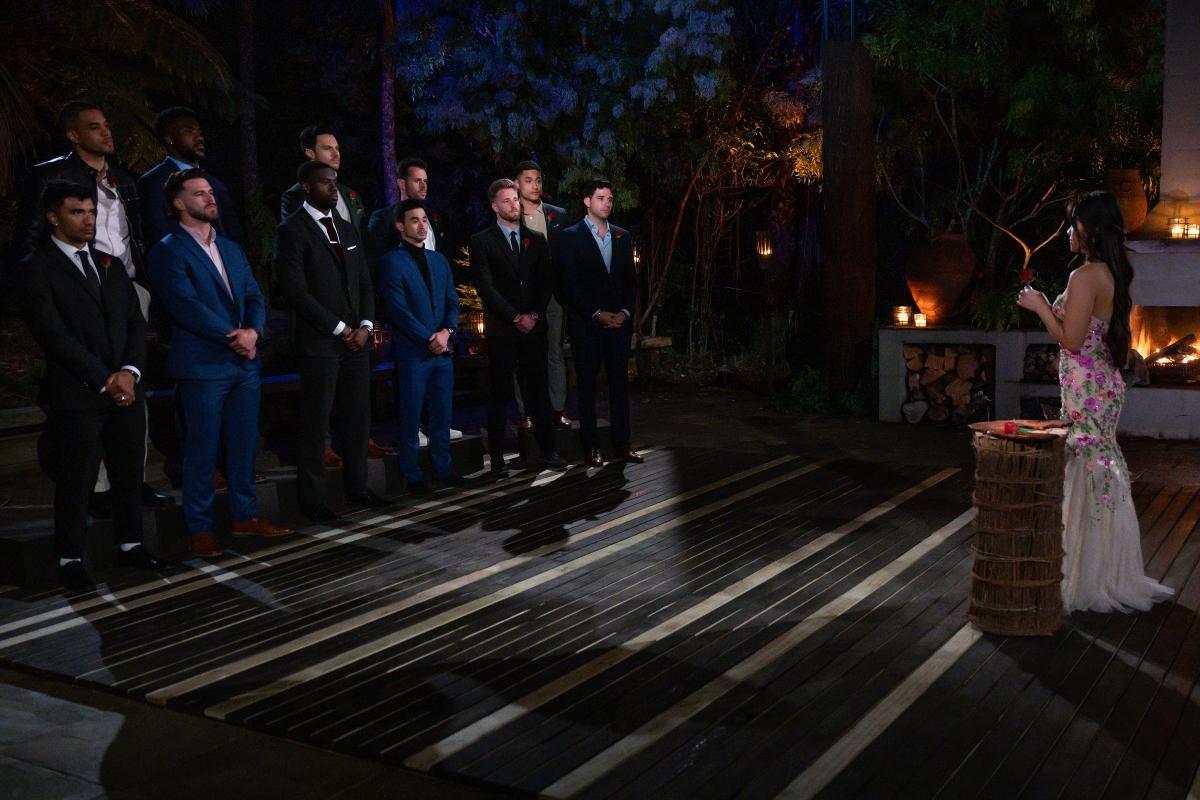 Jenn Tran with some of the men on The Bachelorette for a rose ceremony