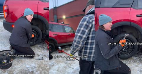 Female Construction Worker "Womansplains" Tire Change to Men