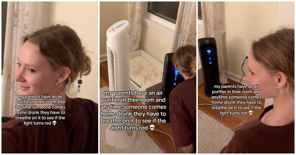 Young girl wearing a t-shirt kneels on the floor to take breathalyzer test with air purifier. 