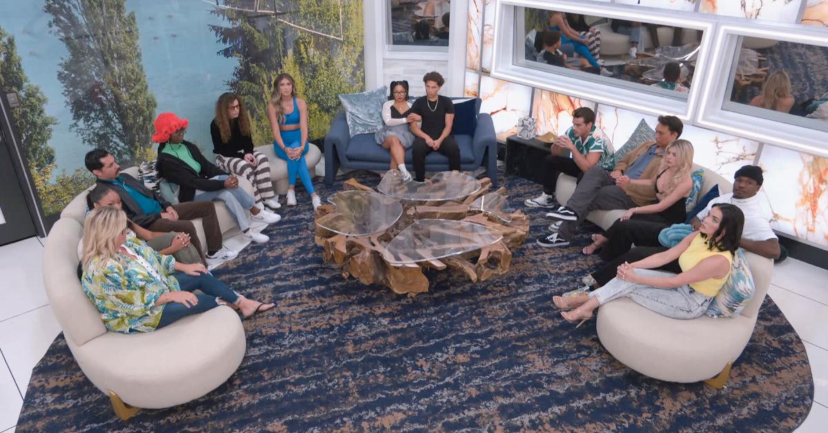 The cast of 'Big Brother 26' sitting in the living room during the August 15 live eviction episode.