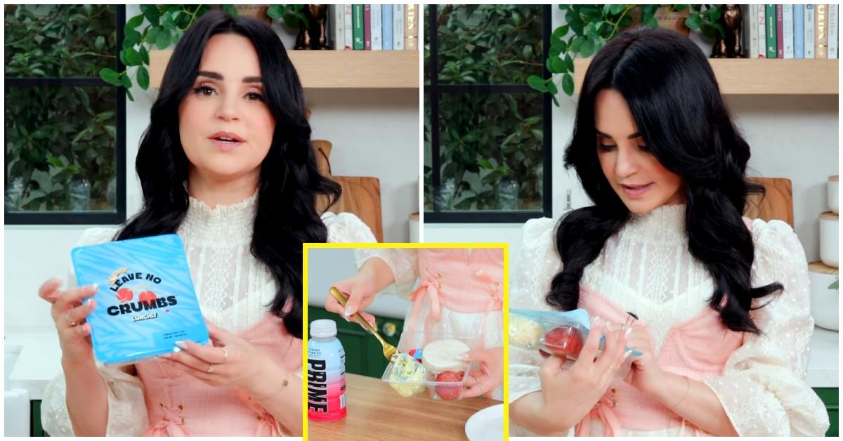 (l-r): Rosanna Pansino holding a Lunchly, The Pizza Lunchly with mold in it, Rosanna Pansino looking at Lunchly