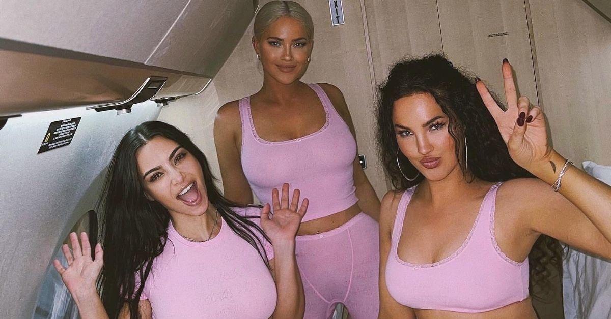 (l-r): Kim Kardashian, Olivia Pierson, and Natalie Halcro snapping a photo on her private plane. 