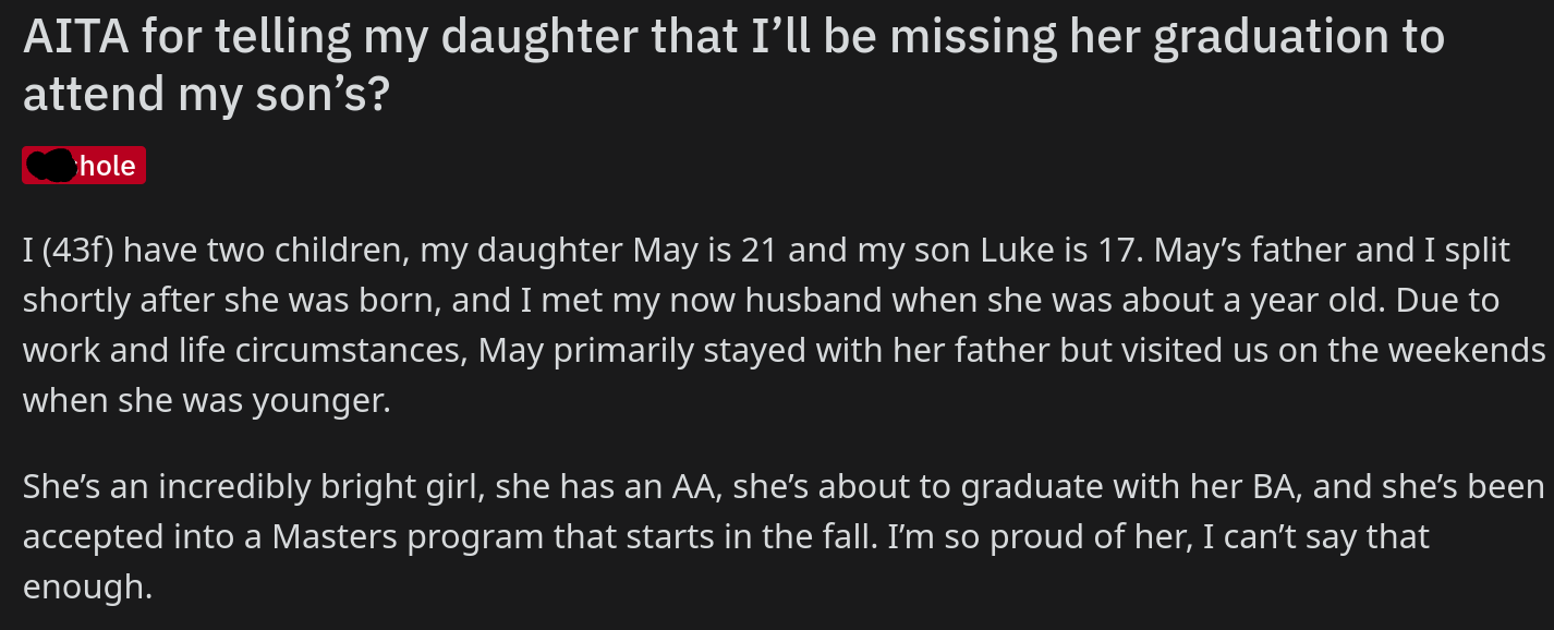 Mom Wants to Skip Daughter’s Graduation to Go to Son’s Instead