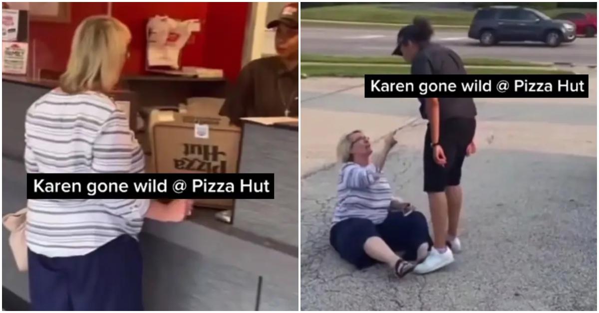 Viral video of Pizza Hut employee reacting to “Karen” outburst and being praised by another customer.