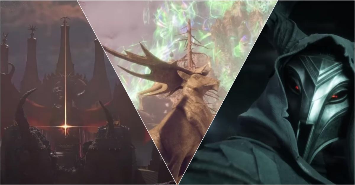 Three screenshots from The Dragon Age: The Veilguard gaming trailer in a collage 