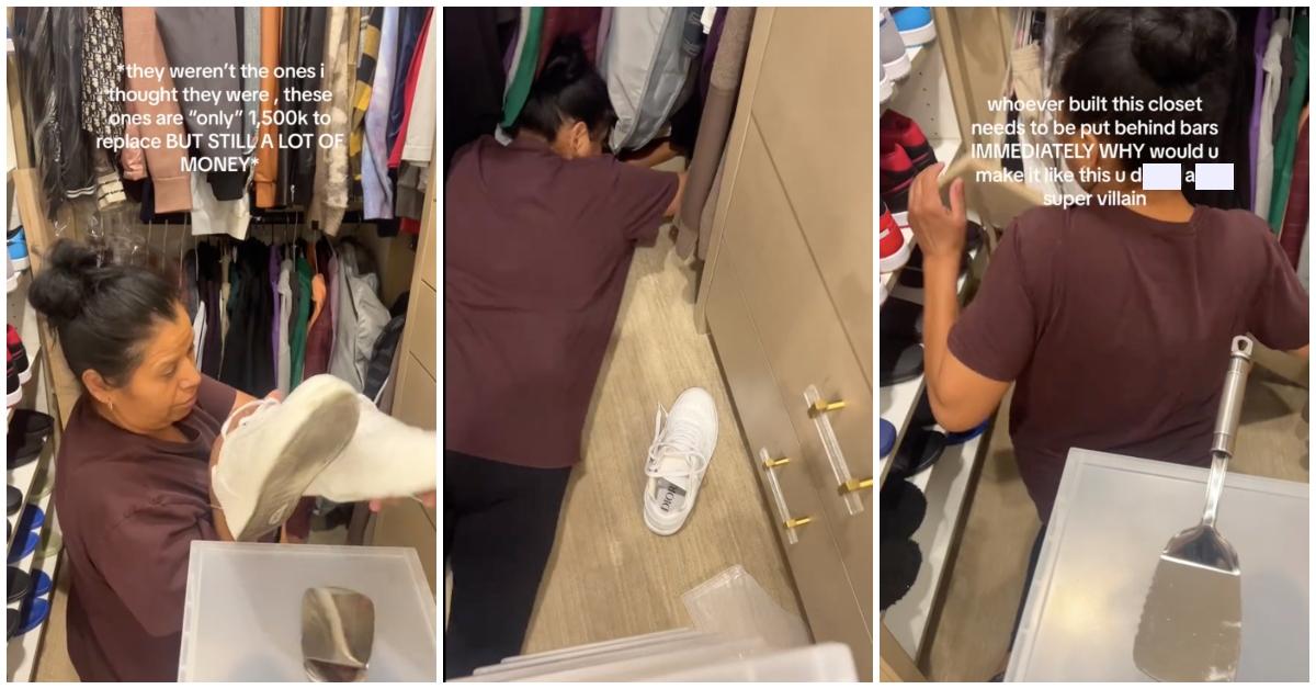 House manager named eva retrieves lost shoes from behind shelves in TikToker's video about boss's boyfriend's shoes falling behind closet