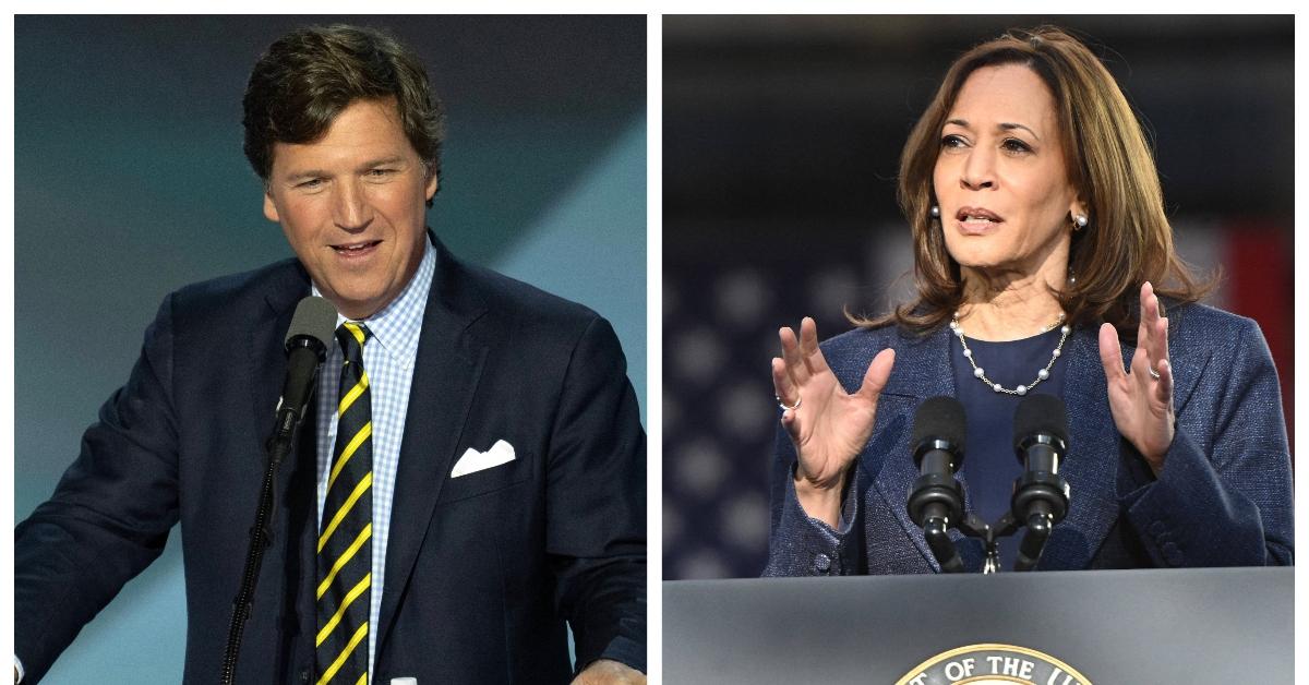 (L-R): Tucker Carlson at the 2024 Republican National Convention; Kamala Harris campaigning in Pennsylvania 