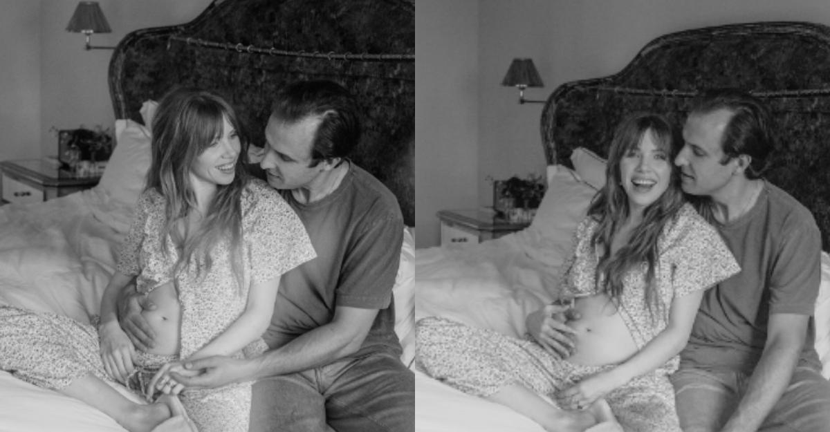 Carly Rae Jepsen and husband, Cole M.G.N. embrace during a maternity photoshoot.