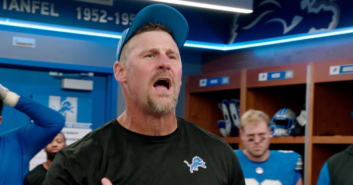 Detroit Lions head coach Dan Campbell addresses the team following a 26-20 overtime win over the Los Angeles Rams in Week 1 of the 2024 NFL season.