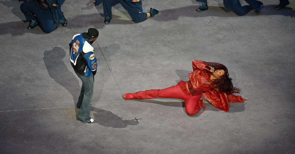 Kendrick Lamar and SZA performing at the Super Bowl. 