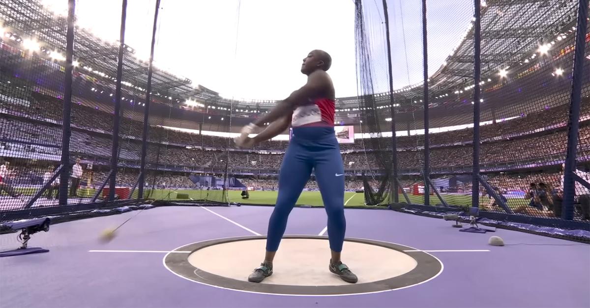 Annette Echikunwoke screams during her silver-winning Olympic hammer throw