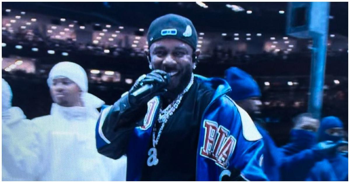 Kendrick Lamar performing "Not Like Us" at the Super Bowl