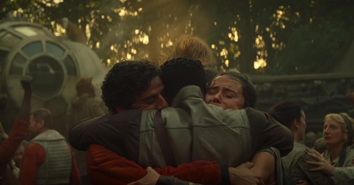 Finn, Poe, and Rey share a hug in 'Star Wars: The Last Jedi'