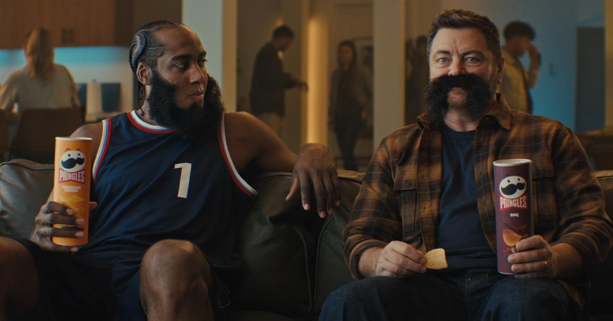 James Harden and Nick Offerman in Pringles' 2025 Big Game ad spot, "Call of the Mustaches."