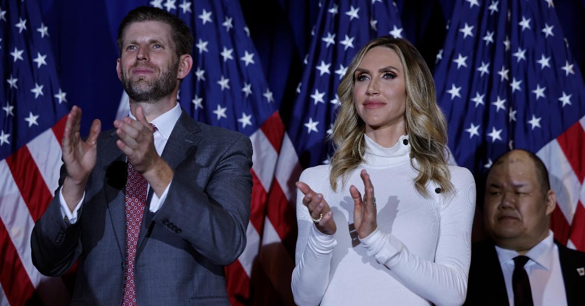 Eric and Lara Trump applaud as Republican presidential candidate and former U.S. President Donald Trump delivers remarks during his primary night rally at the Sheraton on January 23, 2024 in Nashua, New Hampshire. New Hampshire voters cast their ballots in their state's primary election today. With Florida Governor Ron DeSantis dropping out of the race Sunday, former President Donald Trump and former UN Ambassador Nikki Haley are battling it out in this first-in-the-nation primary. (Photo by Chip Somodevilla/Getty Images)