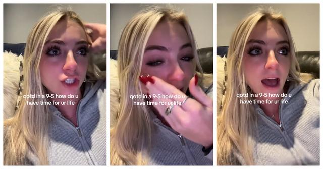 TikTok user @brielleybelly123 cried after starting her first 9-5 job.