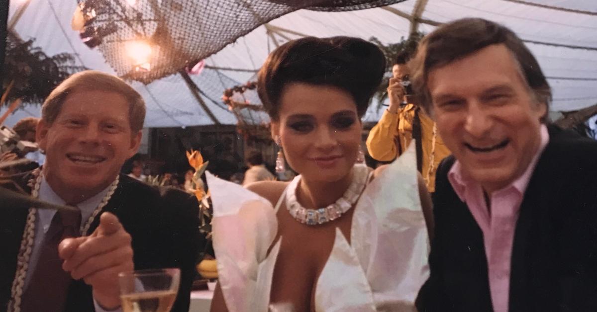 Mark Saginor (left), Kendall (middle), and Hugh Hefner (right) at the Playboy Mansion at Mid Summer Nights Dream in the mid '80s.