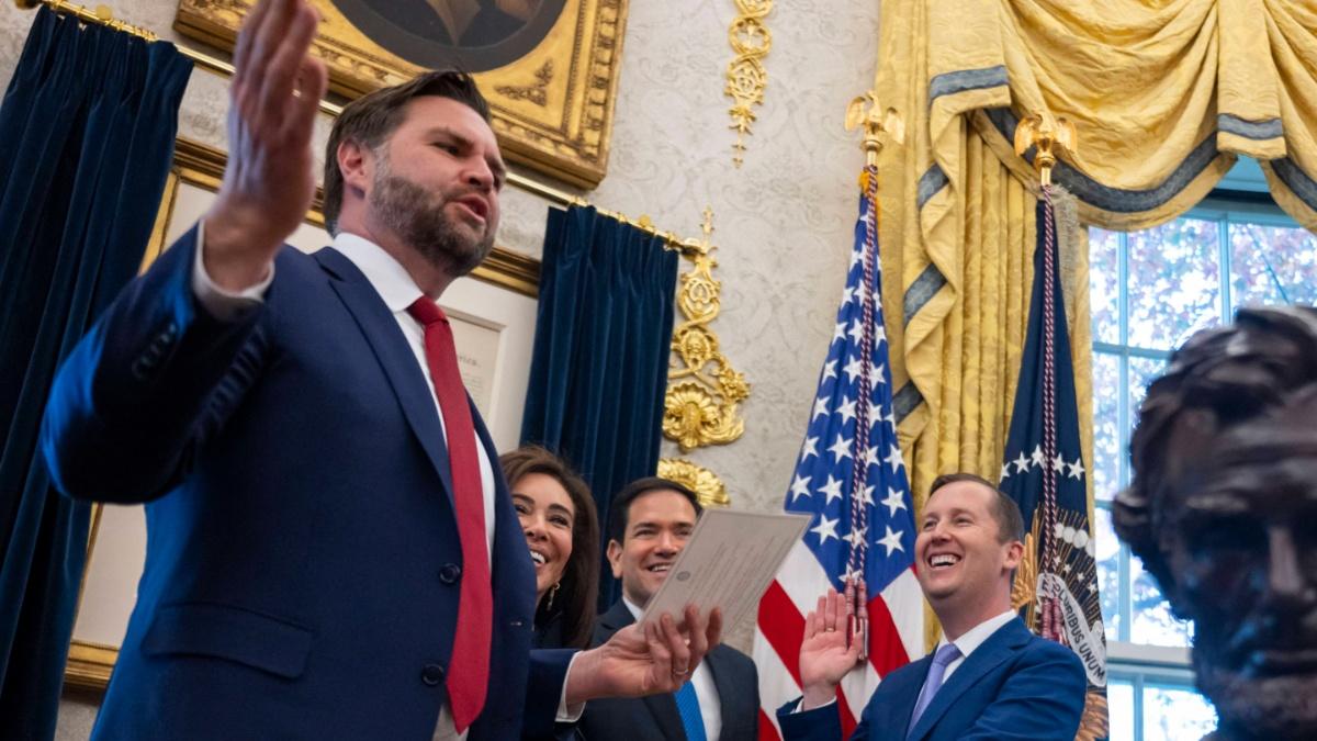 Vice President JD Vance prompts laughter in the Oval Office.