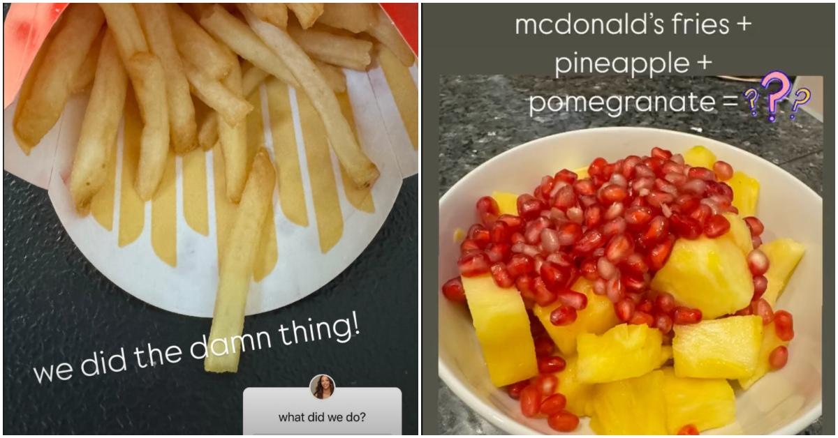 Kristen Doute shares pictures of french fries, pineapple, and pomegranate on Instagram Stories.