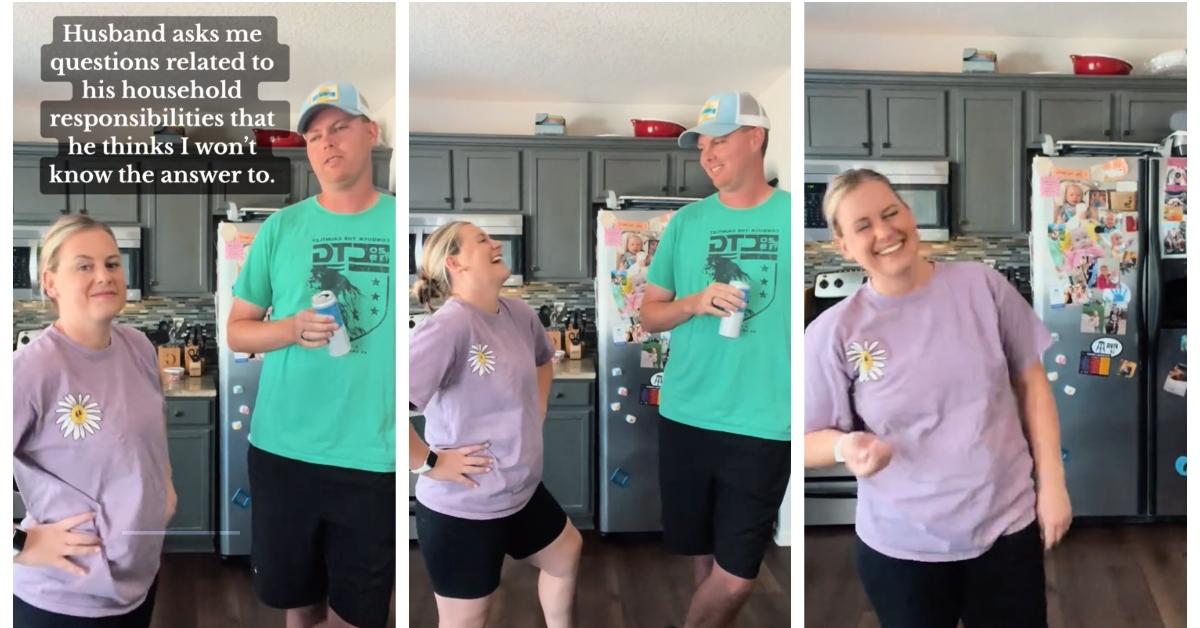 A husband asks his wife if she knows how to do his household chores
